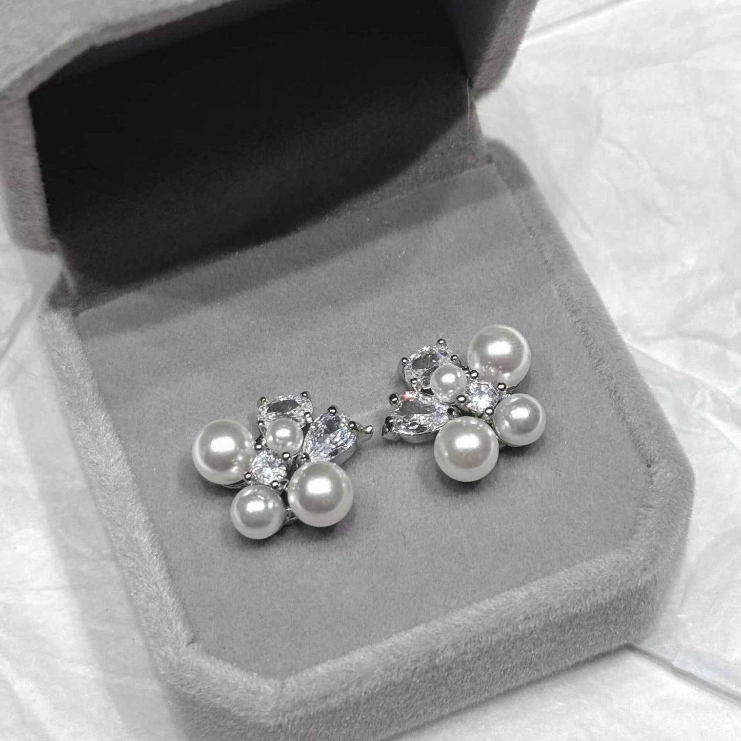 "Blooming Bouquet" Pearl Stud Earrings – S925 Sterling Silver with Cubic Zirconia