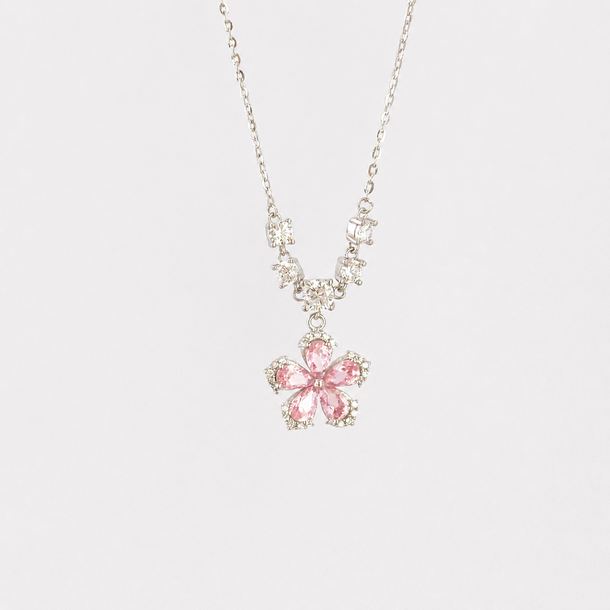 “Blossom Starlight” S925 Sterling Silver Pink Zircon Flower Necklace