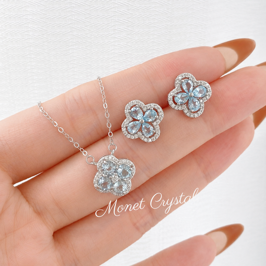 “Blue Fortune” S925 Sterling Silver Natural Blue Topaz Clover Jewelry Set (Necklace & Earrings)