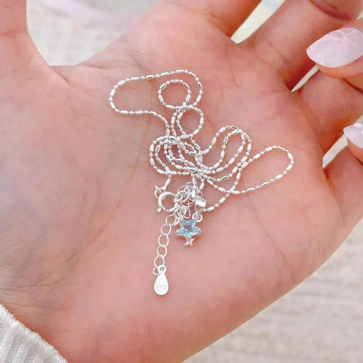 "Blue Starlight" 925 Sterling Silver Necklace with Blue Zircon - Elegant and Unique