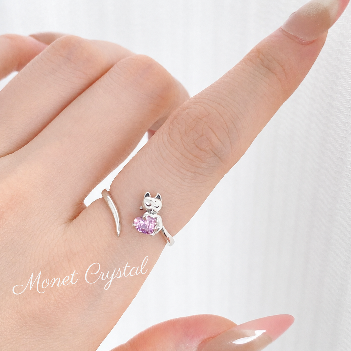 “Blush Kitty” S925 Sterling Silver Pink Heart Cat Open Adjustable Ring