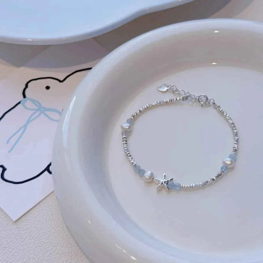 "Coastal Diary" 925 Sterling Silver Starfish and Natural Pearl Bracelet - Elegant and Youthful