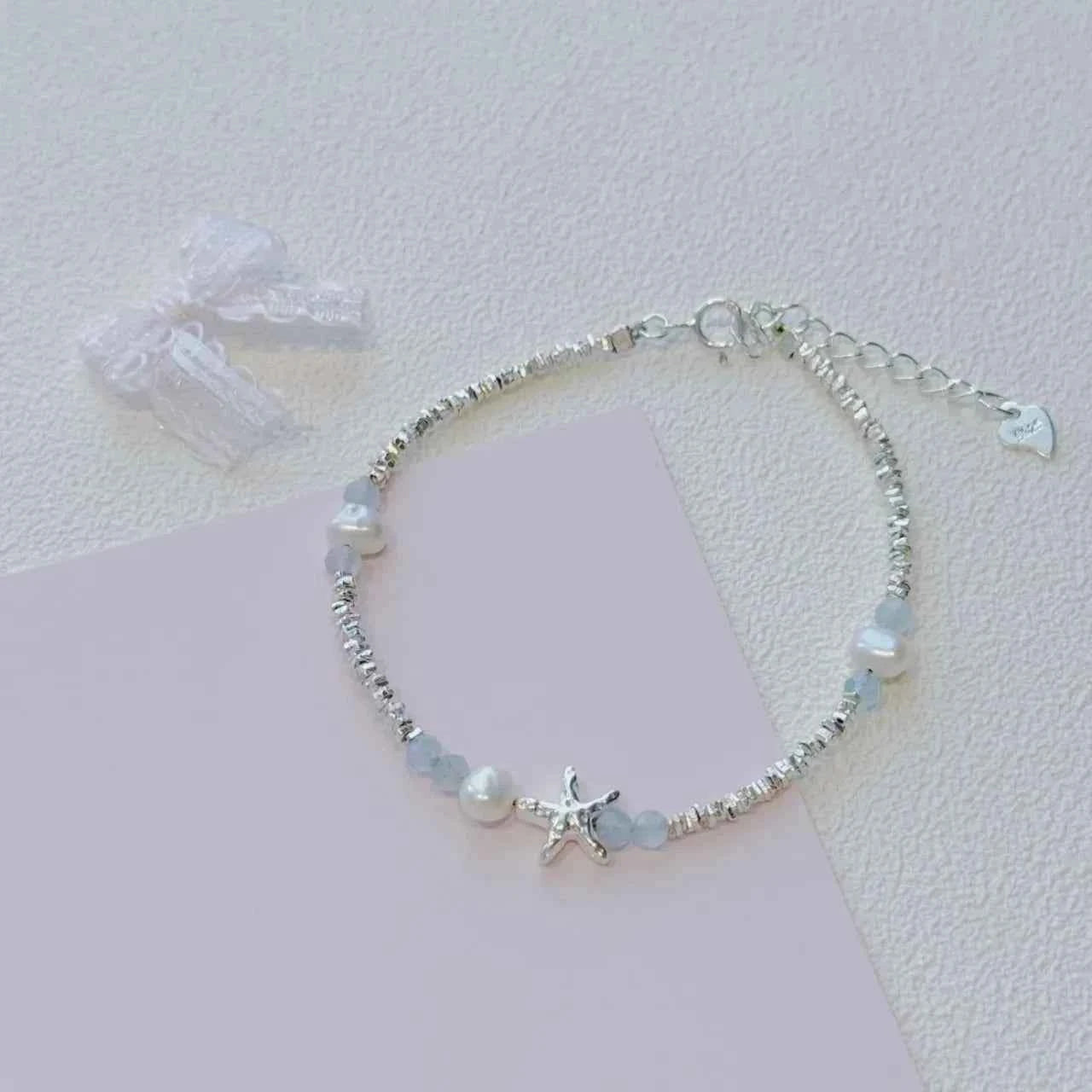 "Coastal Diary" 925 Sterling Silver Starfish and Natural Pearl Bracelet - Elegant and Youthful