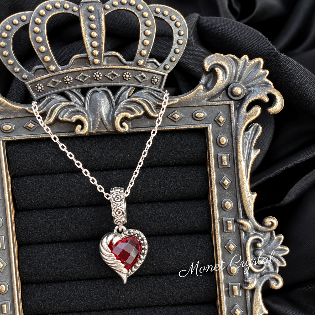“Crimson Embrace” S925 Sterling Silver Red Heart Zircon Winged Rose Necklace