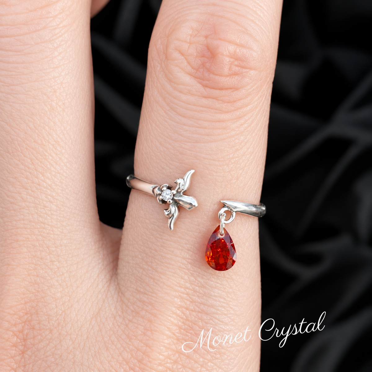 “Crimson Oath” S925 Sterling Silver Red Teardrop Zircon Sword Adjustable Ring