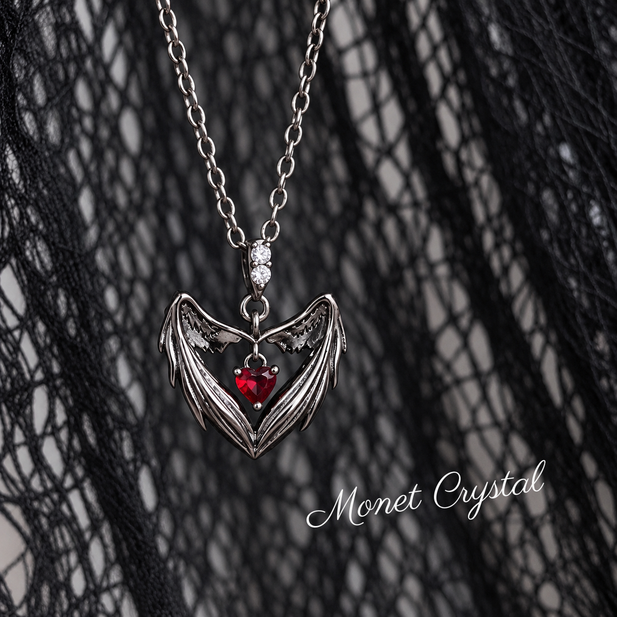“Crimson Wings” Oxidized S925 Sterling Silver Red Heart Zircon Necklace
