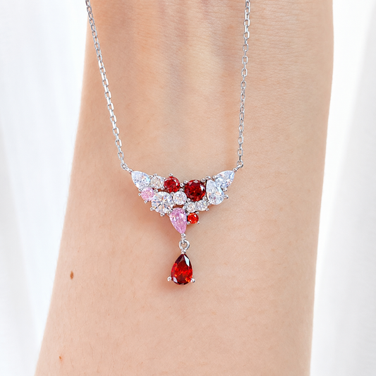 “Crimson Cascade” S925 Sterling Silver Multicolor Zircon Pendant Necklace