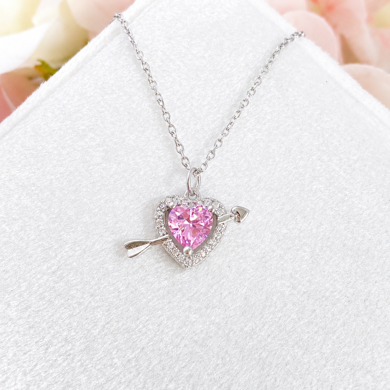 “Cupid’s Arrow” S925 Sterling Silver Pink Heart Necklace