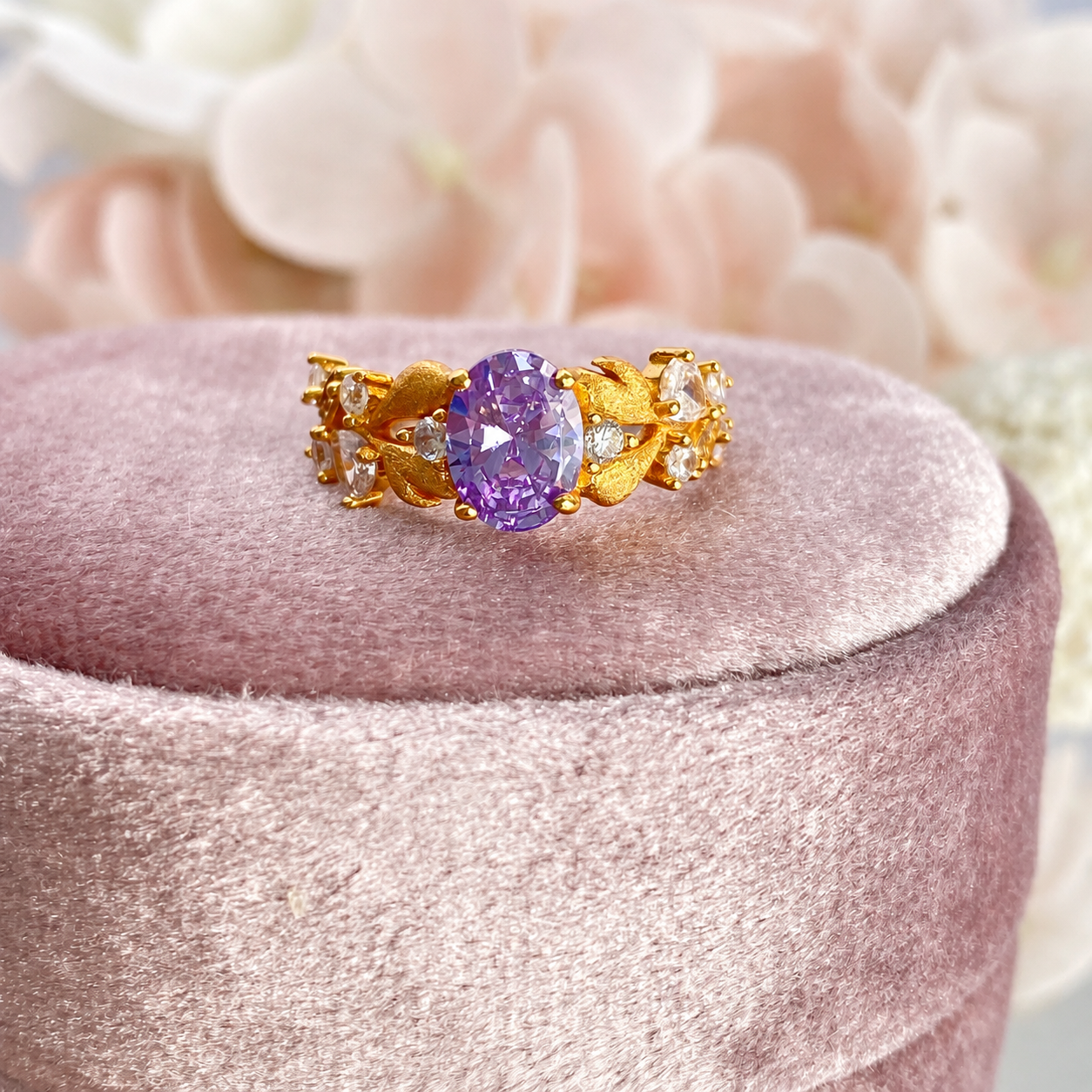 “Evening Bloom” S925 Sterling Silver Purple Zircon Floral Ring