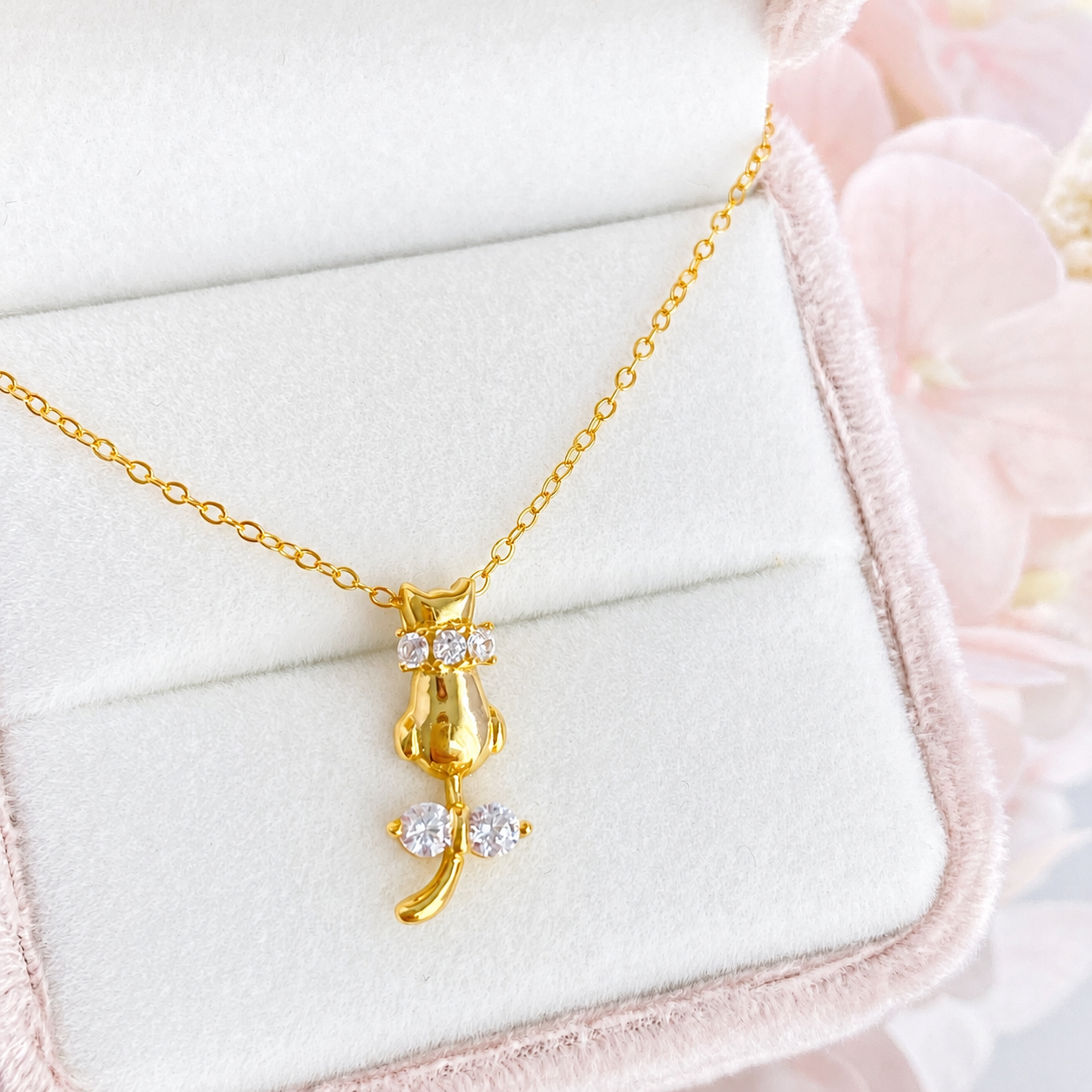 “Feline Charm” Gold Plated S925 Sterling Silver Cat Bow Zircon Necklace