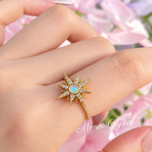 “First Light” 9K Gold Plated S925 Sterling Silver Natural Opal Sun Ring