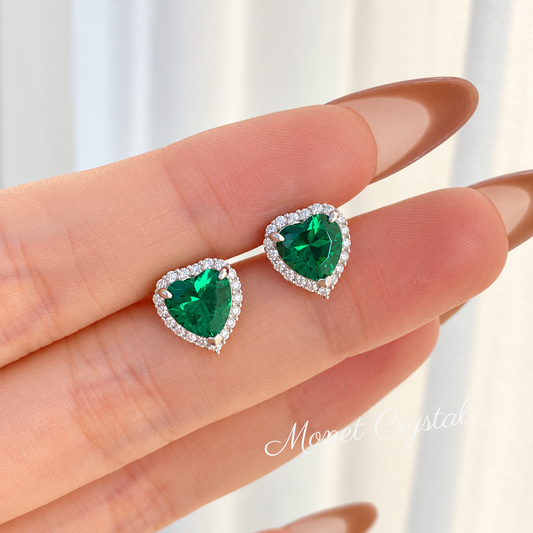 “First Love” S925 Sterling Silver Green Heart Stud Earrings