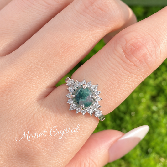 “Forest Cameo” White Gold Plated S925 Sterling Silver Moss Agate Adjustable Ring