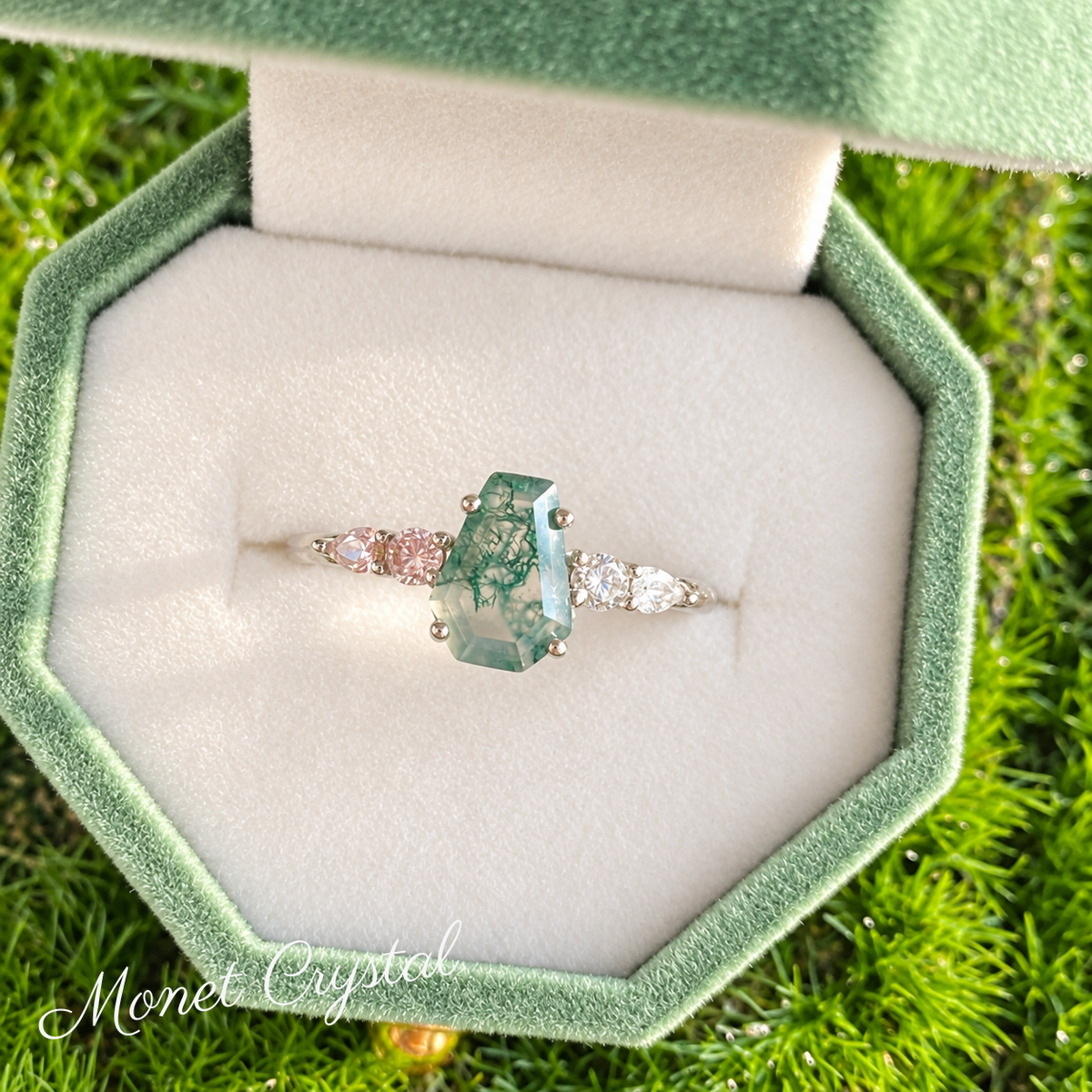 “Forest Heirloom” White Gold Plated S925 Sterling Silver Moss Agate Stacking Ring Set