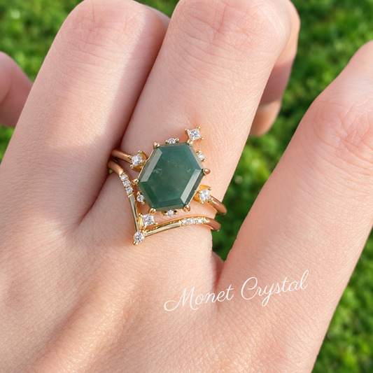 “Forest Relic” 10K Gold Plated S925 Sterling Silver Hexagonal Moss Agate Stacking Ring Set