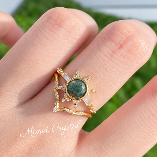 “Garden Crest” 10K Gold Plated S925 Sterling Silver Moss Agate Stacking Ring Set