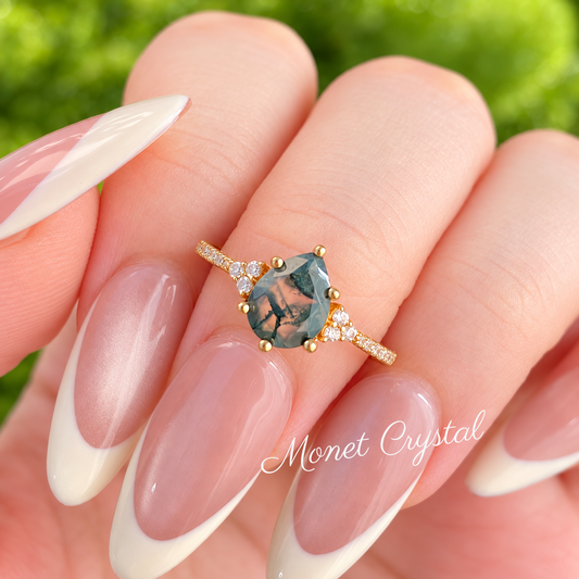 “Garden Dew” S925 Sterling Silver Moss Agate Ring