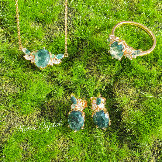 “Gilded Grove” S925 Sterling Silver Moss Agate Jewelry Set