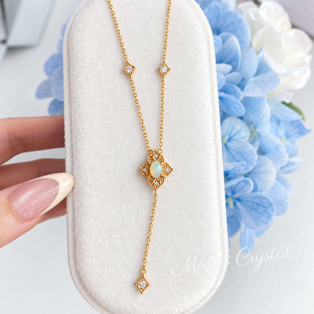 “Golden Reverie” 10K Gold Plated S925 Sterling Silver Natural Opal Necklace