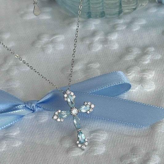 "Greek Maiden at the Wishing Well" 925 Sterling Silver Topaz-Blue Cross Pendant Necklace – Unique & Mystical