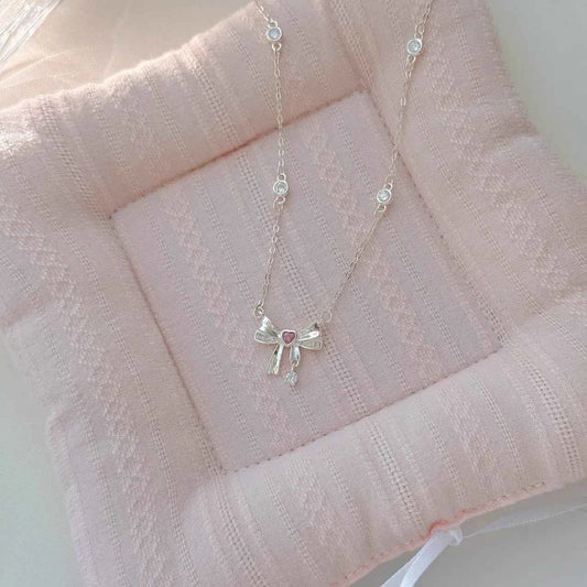 “Half-Sugar Heartbeat” 925 Sterling Silver Bow Necklace