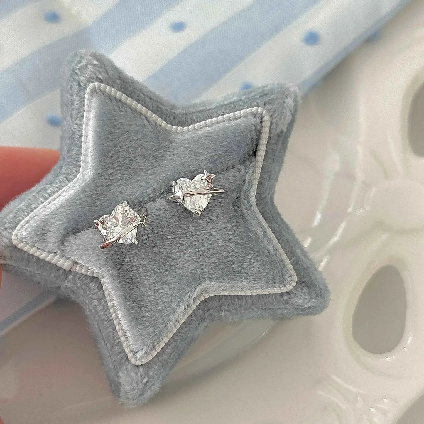 "Heart Orbit" 999 Pure Silver Heart Zircon Orbit Stud Earrings - Sweet and Unique