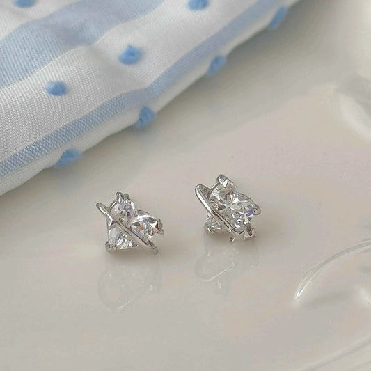 "Heart Orbit" 999 Pure Silver Heart Zircon Orbit Stud Earrings - Sweet and Unique
