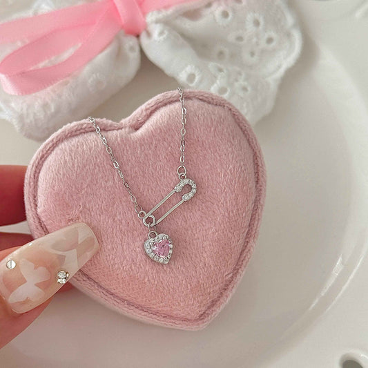 Heartfelt Connection 925 Sterling Silver Heart and Safety Pin Necklace with Pink Zircon - Unique and Charming