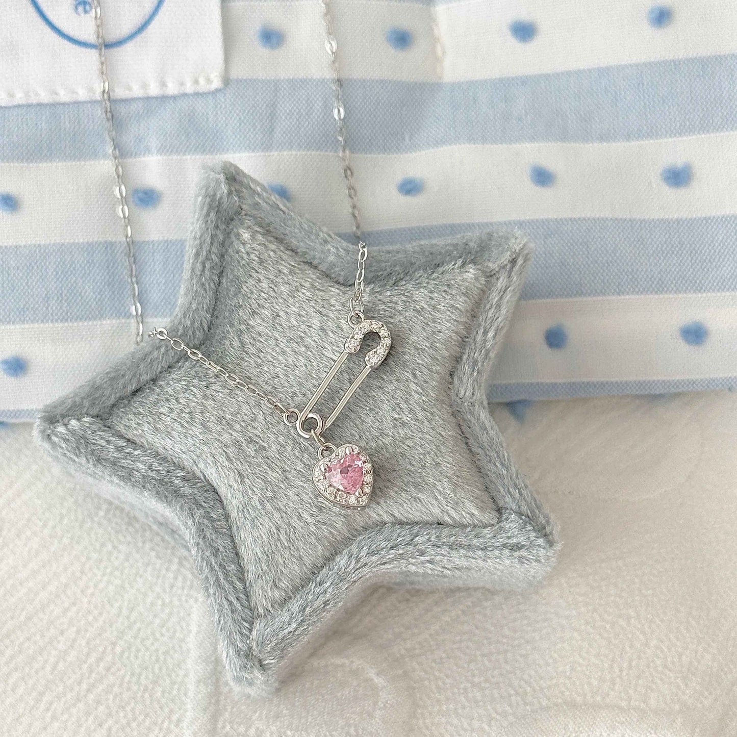 Heartfelt Connection 925 Sterling Silver Heart and Safety Pin Necklace with Pink Zircon - Unique and Charming