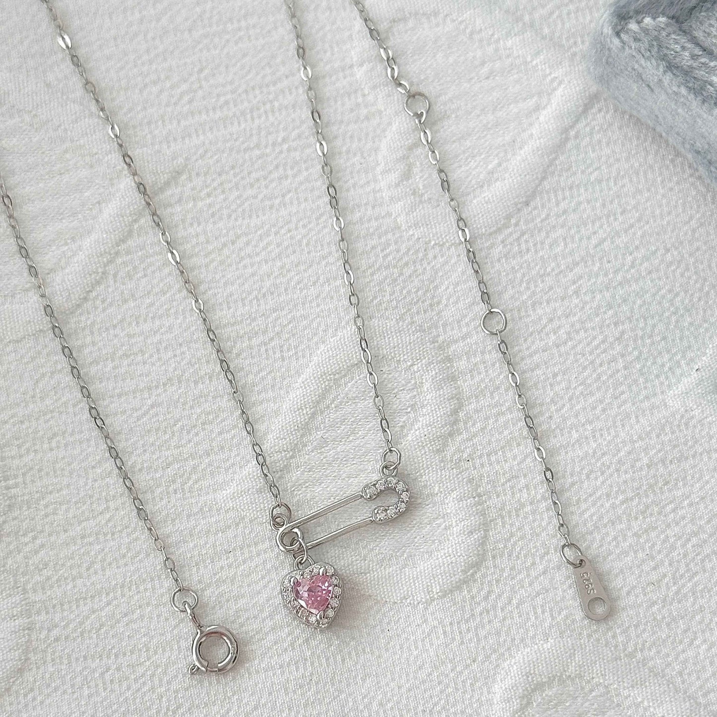 Heartfelt Connection 925 Sterling Silver Heart and Safety Pin Necklace with Pink Zircon - Unique and Charming