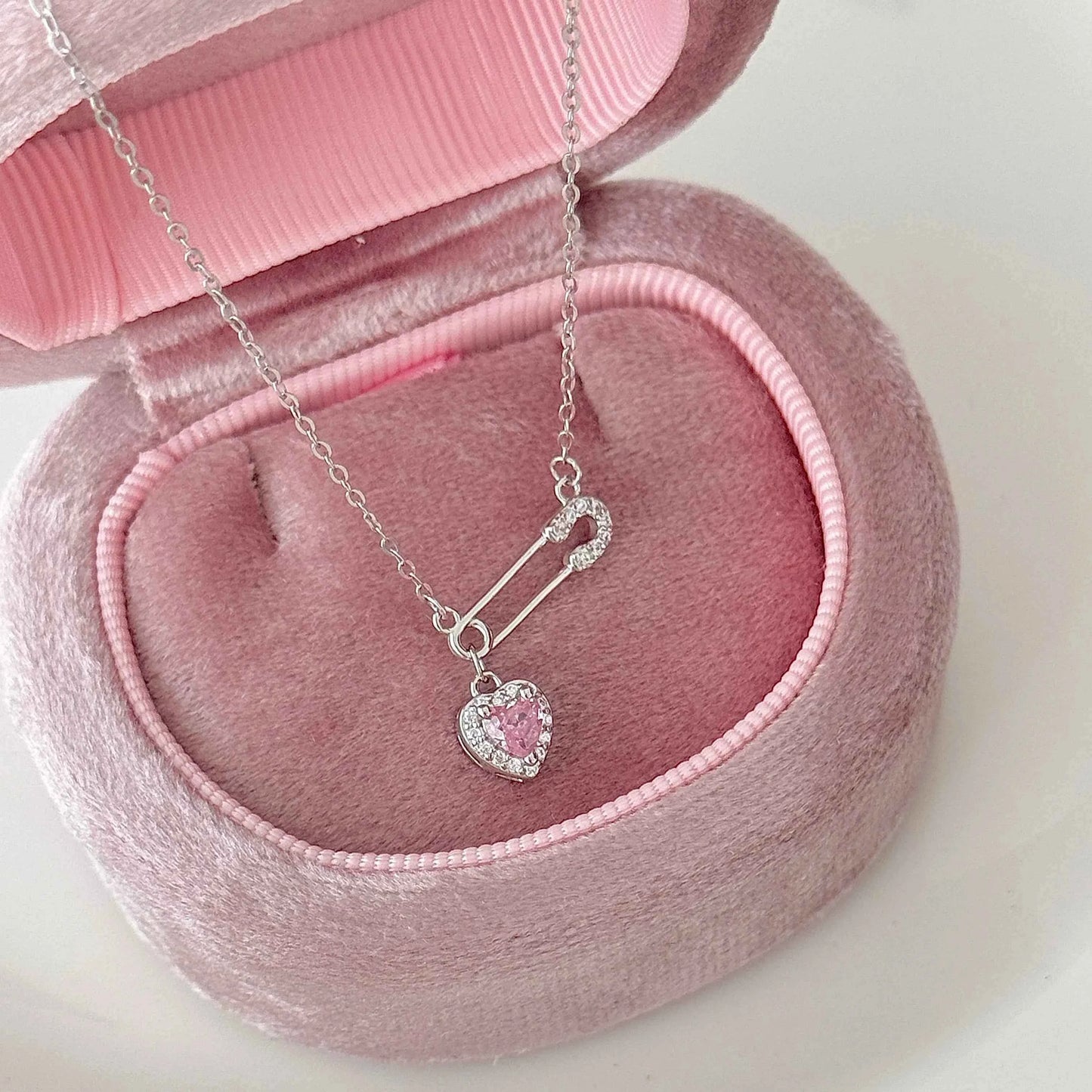 Heartfelt Connection 925 Sterling Silver Heart and Safety Pin Necklace with Pink Zircon - Unique and Charming