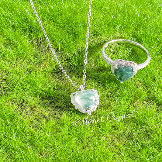 “Hidden Garden” S925 Sterling Silver Moss Agate Heart Necklace & Ring Set