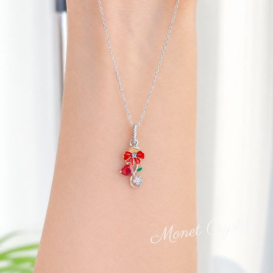 “January Carnation” S925 Sterling Silver Carnation Heart Zircon Necklace