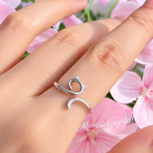 “Kitten Curl” S925 Sterling Silver Pink Enamel Cat Adjustable Ring