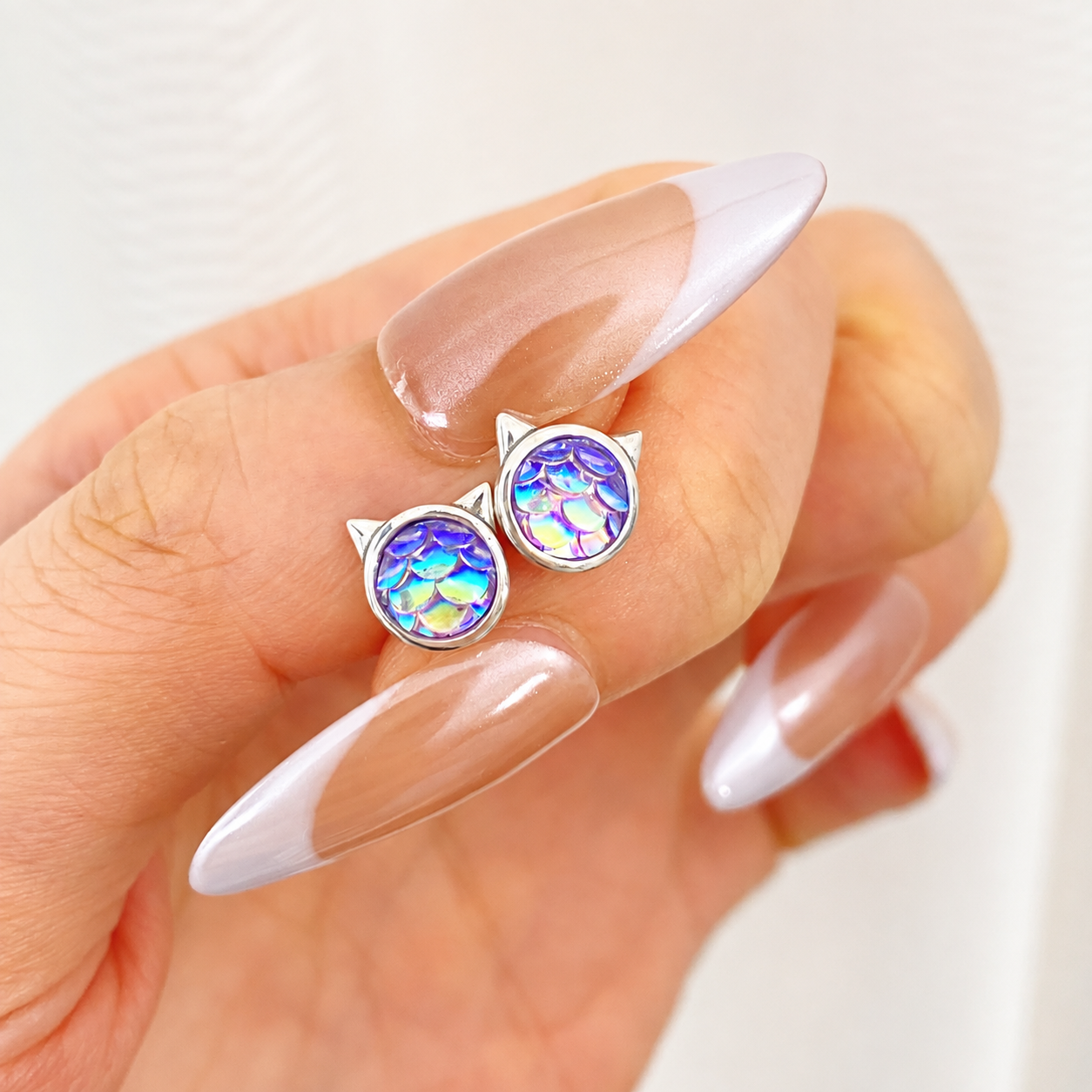 “Kitty & Fish” S925 Sterling Silver Fish Scale Resin Cat Earrings & Fish Necklace Set