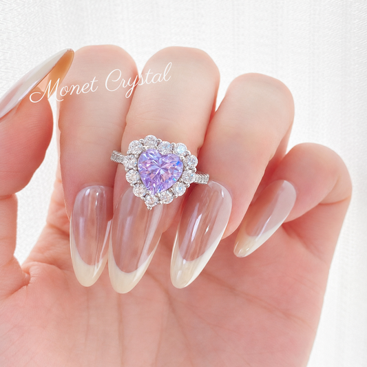 “Lavender Crown” 925 Sterling Silver Heart Halo High Carbon Diamond Ring
