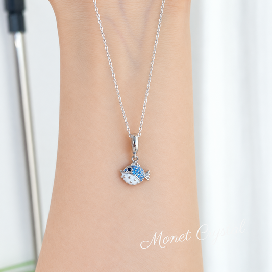 “Little Puffer” S925 Sterling Silver Blue Zircon Pufferfish Necklace
