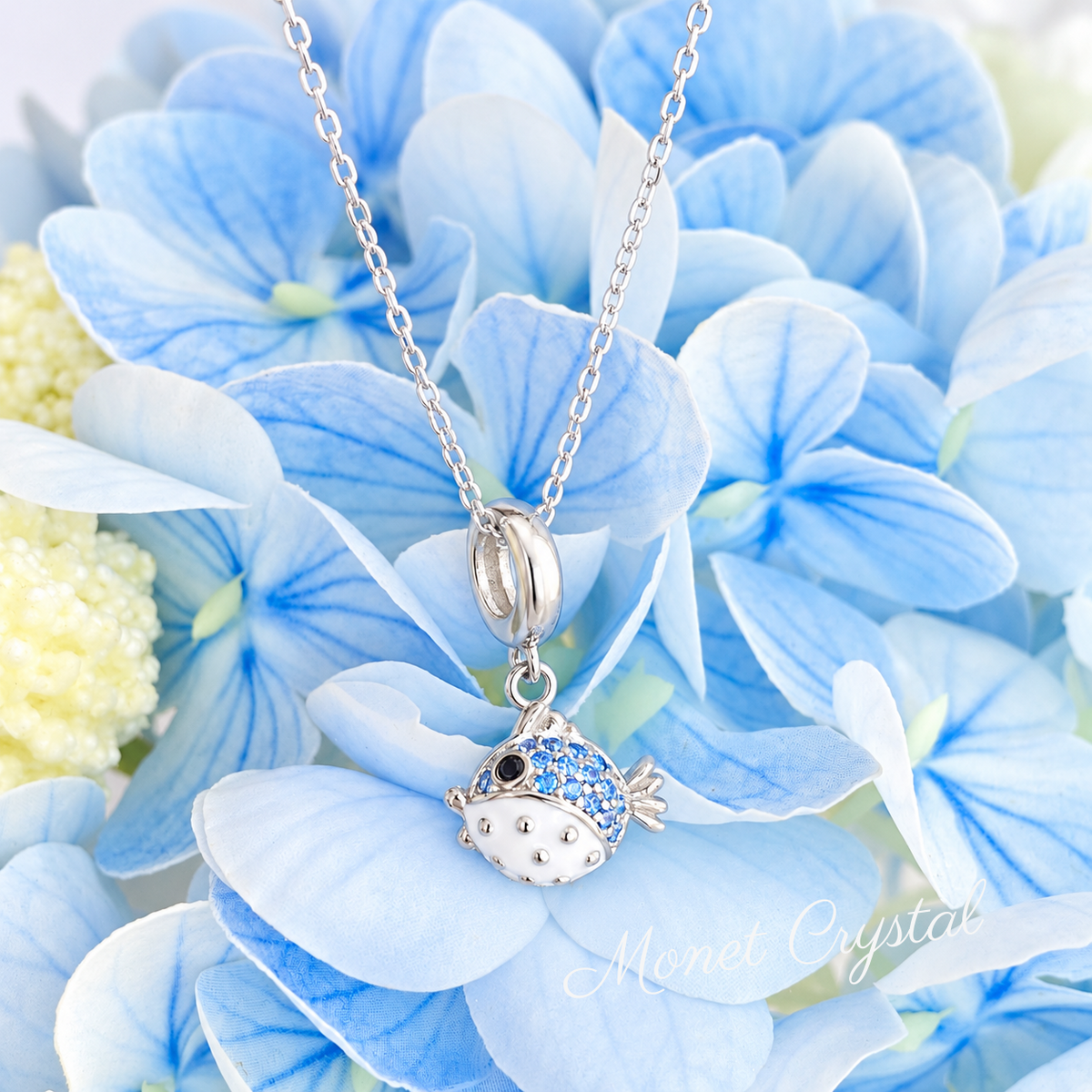 “Little Puffer” S925 Sterling Silver Blue Zircon Pufferfish Necklace