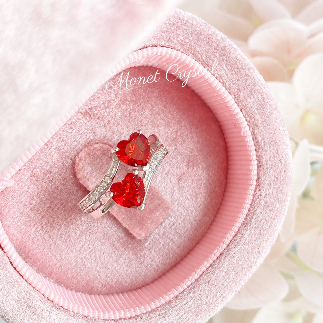 “Love Duet” S925 Sterling Silver Double Red Heart Zircon Ring