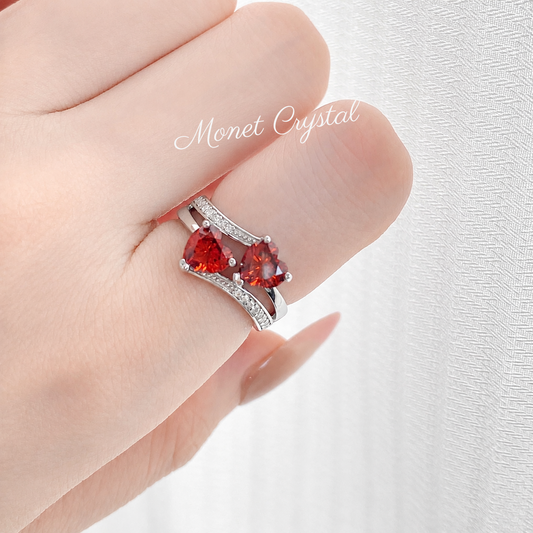 “Love Duet” S925 Sterling Silver Double Red Heart Zircon Ring