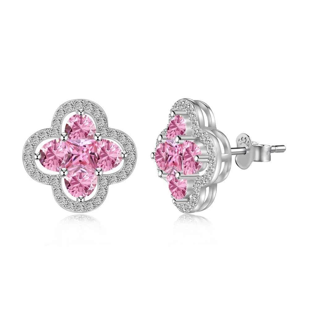"Lucky Clover" – S925 Silver Four-Leaf Clover Necklace & Stud Earrings Set in White or Pink CZ (Copy)