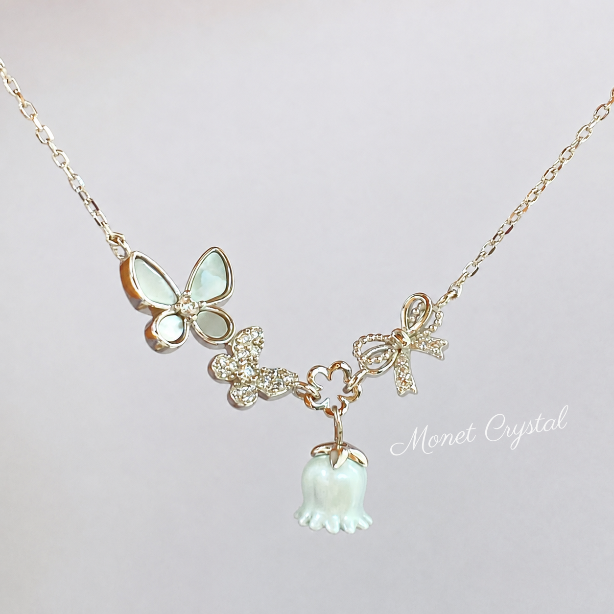 “May Morning” S925 Sterling Silver Mother-of-Pearl Butterfly & Lily of the Valley Necklace
