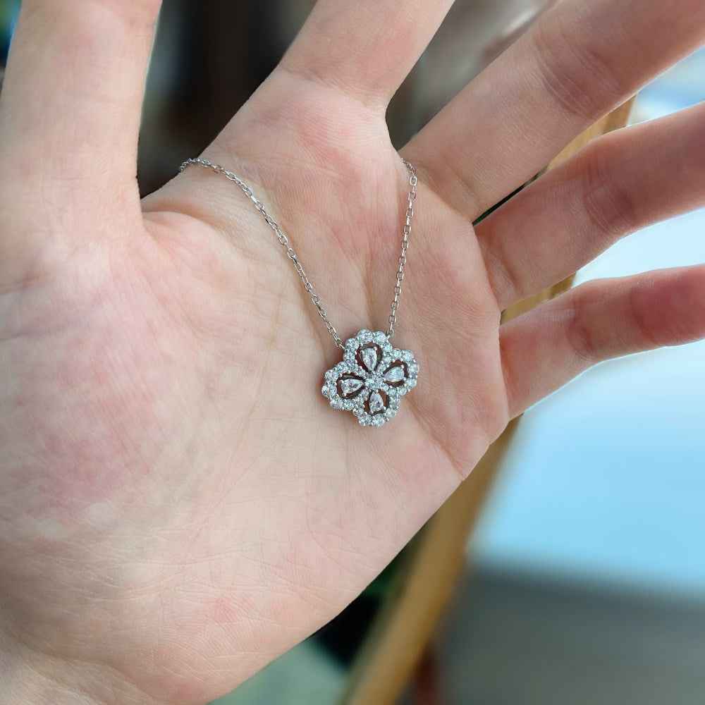 Meadow's Tear – S925 Silver Four-Leaf Clover Teardrop Necklace (White or Pink CZ) (Copy)