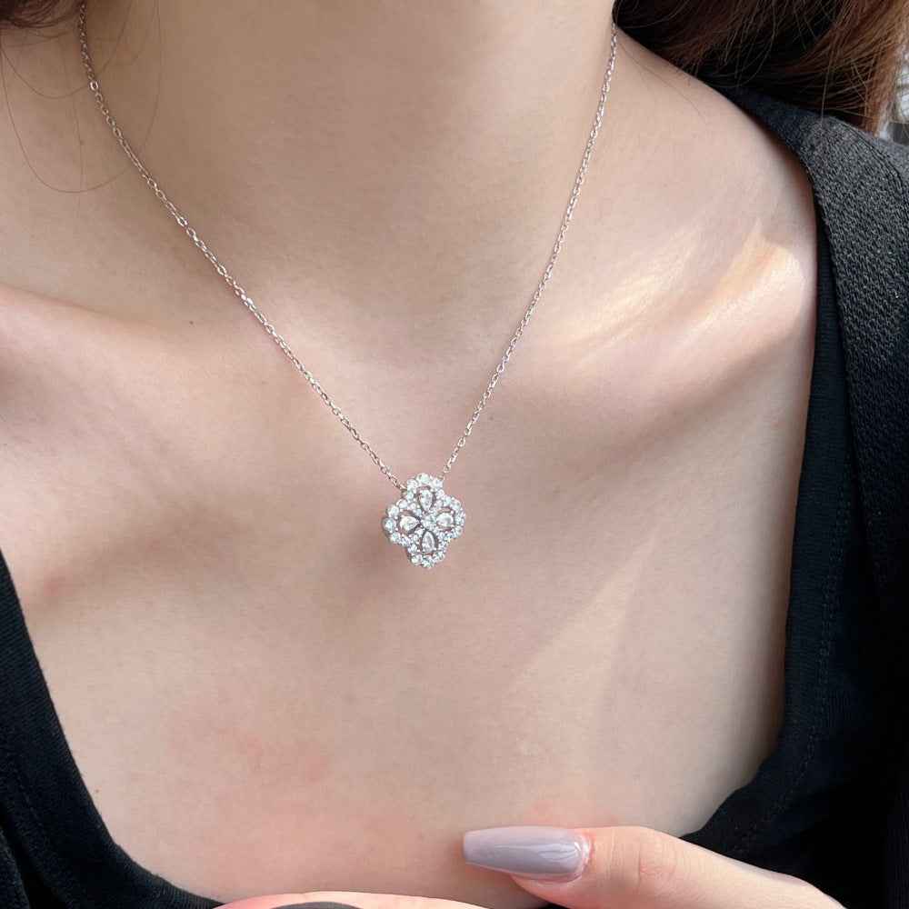 Meadow's Tear – S925 Silver Four-Leaf Clover Teardrop Necklace (White or Pink CZ) (Copy)