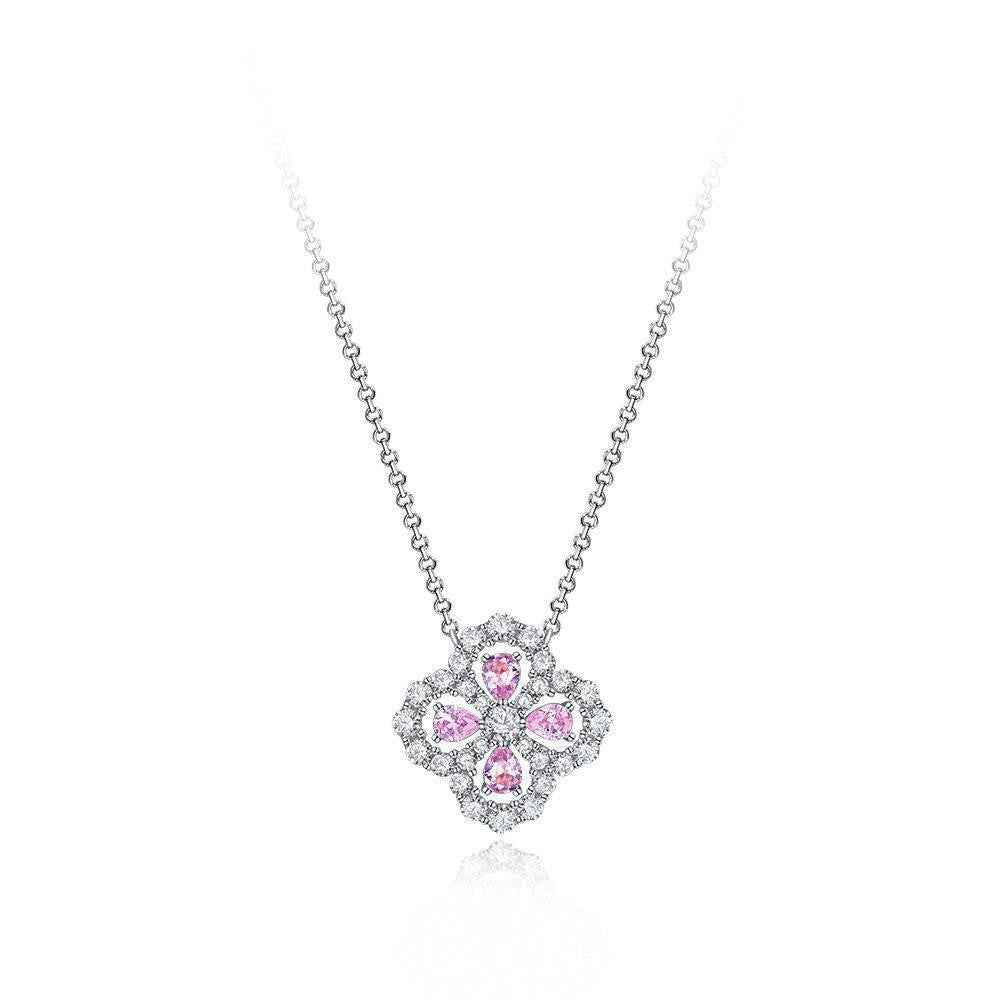 Meadow's Tear – S925 Silver Four-Leaf Clover Teardrop Necklace (White or Pink CZ) (Copy)