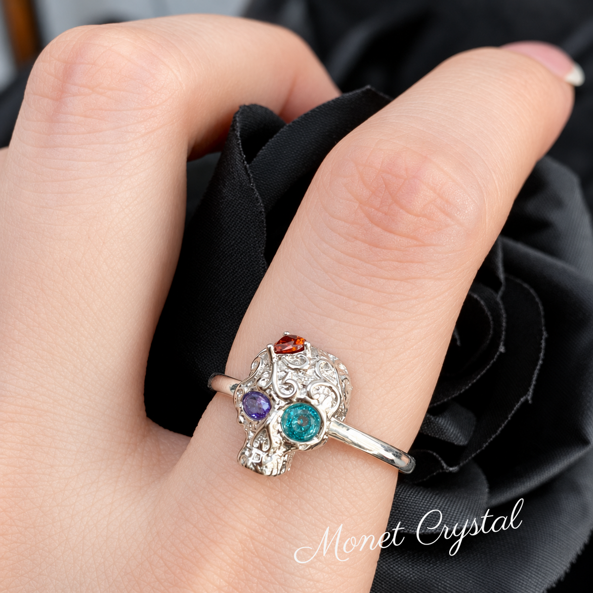 “Memento Mori” White Gold Plated S925 Sterling Silver Skull Zircon Adjustable Ring