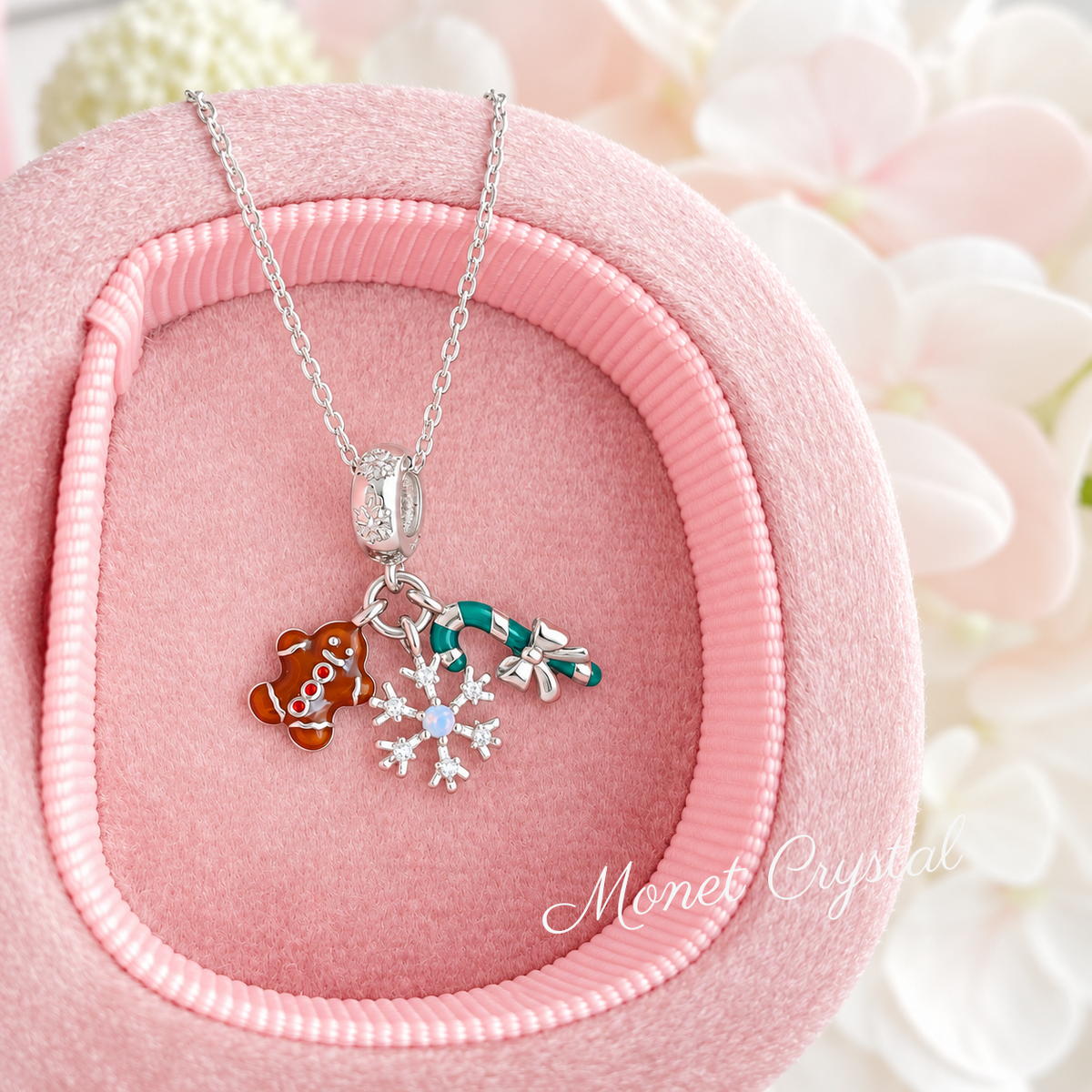 “Merry Little Things” White Gold Plated S925 Sterling Silver Moonstone Christmas Charm Necklace
