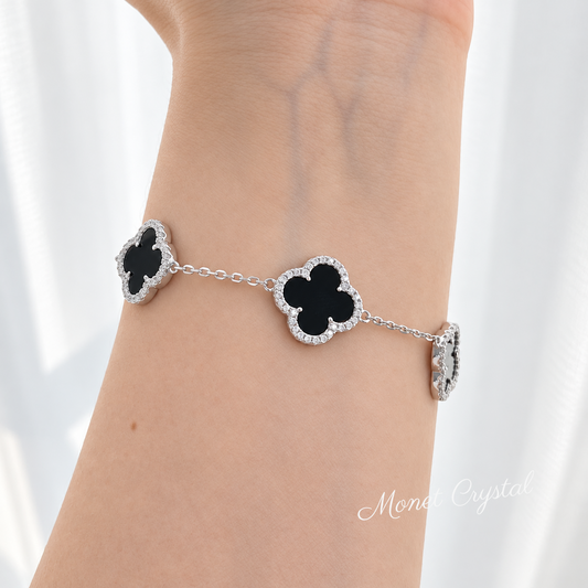 “Midnight Clover” S925 Sterling Silver Black Turquoise Zircon Bracelet