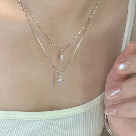 "Mini Double-Chain Cross" 925 Sterling Silver Necklace with 5A Zircon – Petite, Elegant, Faithful