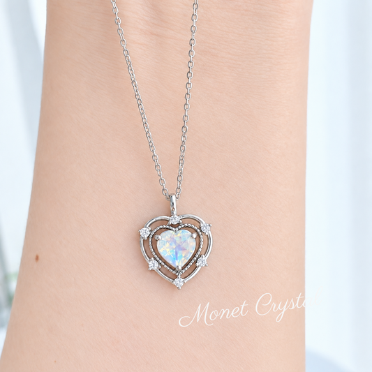 “Moonlit Heart” White Gold Plated S925 Sterling Silver Moonstone Zircon Heart Necklace
